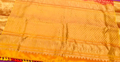 KSS410 Pure handloom kanchipuram silk Saree in Orange with yellow gold zari border.comes with stitched blouse size 40,can be altered to 44 size.