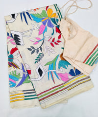 KSN216 Semi Silk Kantha Tusser Saree in beige. Comes with stitched Blouse. Fall peco done.