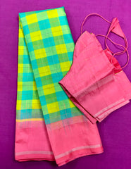 KSS422 Pure handloom kanchipuram silk Saree in multicolor checks with pink gold zari border. Comes with stitched blouse size 40