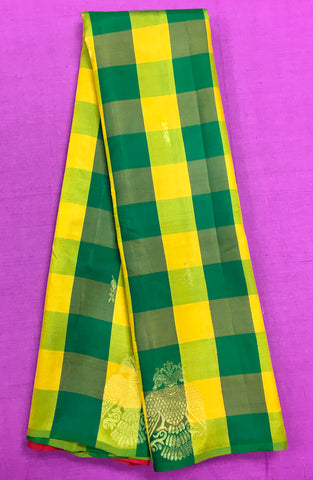 KSS427 Pure handloom kanchipuram silk Saree in green and yellow checkered with gold zari.comes with stitched blouse size 40,can be altered to 44 size.