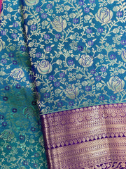 KSS451 Pure kanchipuram silk Saree in blue with purple border gold zari work.comes with stitched blouse size 40,can be altered to 44 size.