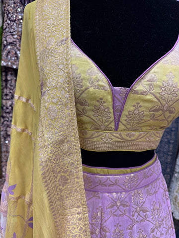AFL2011-Purple and yellow ombré lehenga with golden work and dupatta