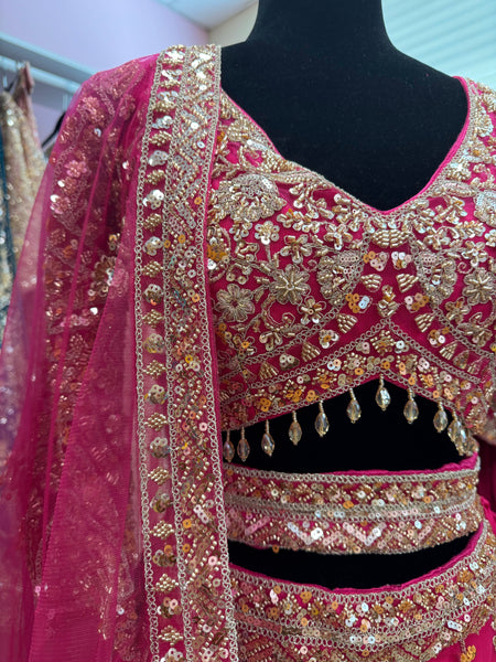 AFL2006-Dark Pink heavy lehenga with bead and sequin work. Comes with dupatta and belt