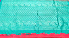 KSS407 Pure handloom kanchipuram silk Saree in orange with blue gold zari border. Comes with stitched blouse size 40