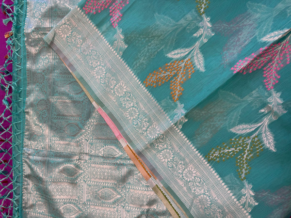 Banarasi Tussari  saree in Blue with Gold  zari border.Fall peco done. Comess with stitched blouse size 38 can be altered up to 44 size.