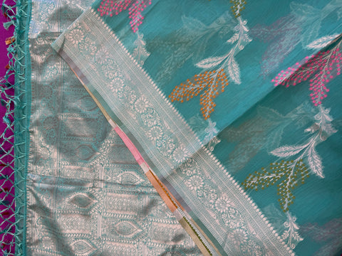 Banarasi Tussari  saree in Blue with Gold  zari border.Fall peco done. Comess with stitched blouse size 38 can be altered up to 44 size.