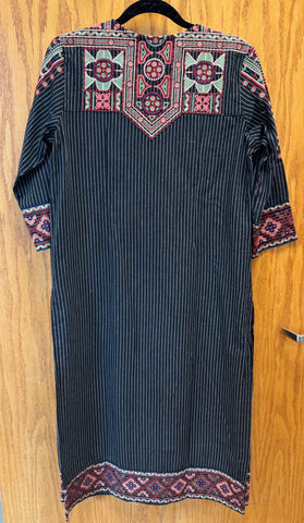 JPD024-Black long kurti and pants with white stripes and embroidery pattern