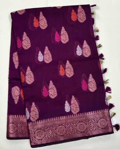 BKS133 Cotton Banarasi Saree in purple. Comes with stitched blouse size 38 can be altered to size 42. Fall peco done.