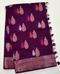 BKS133 Cotton Banarasi Saree in purple. Comes with stitched blouse size 38 can be altered to size 42. Fall peco done.