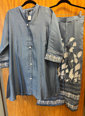 DPD010-Long collared blue kurta with pants and white border work