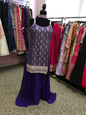 AFL2030- Banarasi silk suit come with gold Zaria work on top.Comes with sharara pant and necklace dupatta.