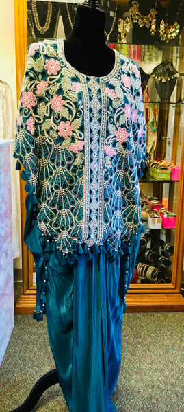 RFSS2014 -Heavy Partywear Pure Crepe Dhoti Skirt With Emboridered Cutwork Kaftan Top