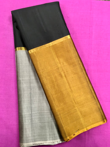 KSS457 Pure handloom kanchipuram silk Saree in black with gray and gold zari border.comes with stitched blouse size 40,can be altered to 44 size.
