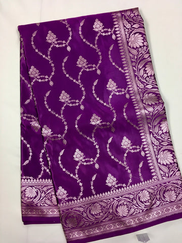 BKS130 Banarasi Mashru silk Saree in purple. Comes gold zari work. Comes with stitched blouse size 38 can be altered to size 42. Fall peco done.