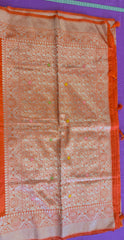 Banarasi Tussari saree in Orange with gold  zari border.Fall peco done. Comess with stitched blouse size 38 can be altered up to 44 size.