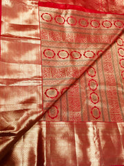 KSS517 Pure kanchipuram handloom silk Saree in orange color with gold zari border. Comes with stitched blouse size.