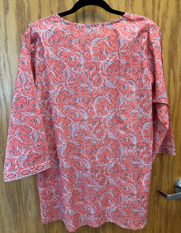 JPD003-Pink short kurti with red and white basil leaves pattern