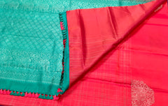 KSS407 Pure handloom kanchipuram silk Saree in orange with blue gold zari border. Comes with stitched blouse size 40