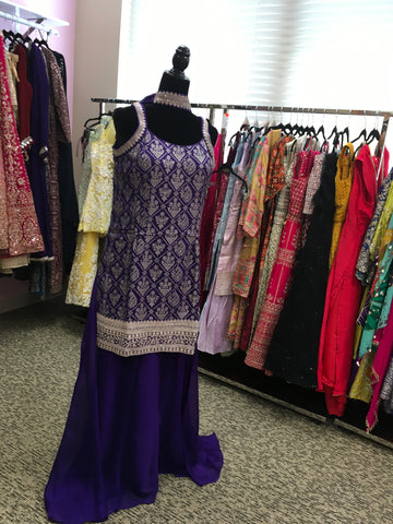AFL2030- Banarasi silk suit come with gold Zaria work on top.Comes with sharara pant and necklace dupatta.