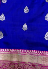 KKT120 PURE BANARASI HANDLOOM KATAN SILK SAREE IN BLUE WITH PINK  ZARI BORDER AND PALLU