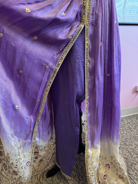 DPP003-Purple long slit in middle gown with pants and dupatta and golden mirror work