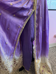 DPP003-Purple long slit in middle gown with pants and dupatta and golden mirror work