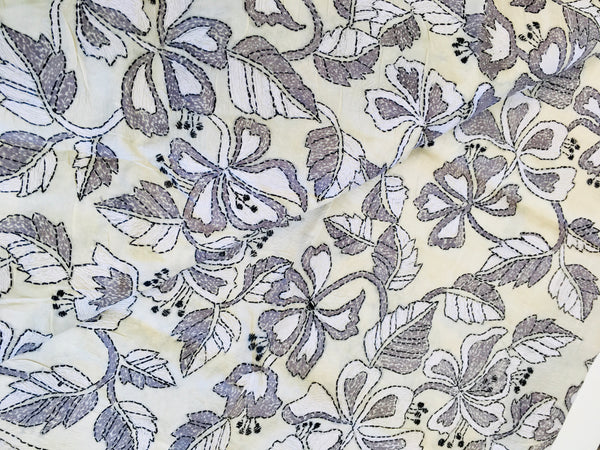 KSN218 Pure Silk Kantha Tussar Saree in beige. Comes with stitched blouse. Fall peco done.