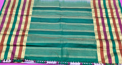 KSS414 Pure handloom kanchipuram silk Saree in purple with multi color gold zari border. Comes with stitched blouse size 40