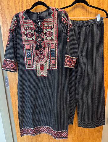 JPD024-Black long kurti and pants with white stripes and embroidery pattern