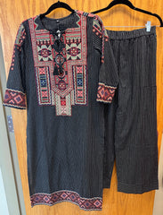 JPD024-Black long kurti and pants with white stripes and embroidery pattern