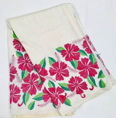 KSN221 Pure Silk Kantha Tussar Saree in beige. Comes with stitched blouse. Fall peco done.