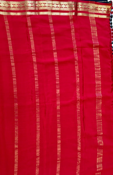 AMS1020 Pure Mysore Crepe silk Saree in red color with black gold zari border. Comes with unstitched blouse.