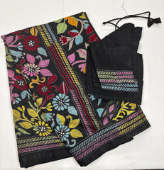 KSN204: Semi Silk Kantha Tusser Saree in black hand work design. Fall Peco done. Comes with stitched Blouse size 38 it can be altered to 44 size.