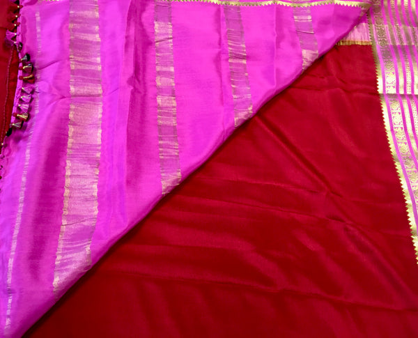 AMS1018 Pure Mysore Crepe silk Saree in maroon color with pink gold zari border. Comes with unstitched blouse.