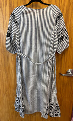 JPD002-Blue and white striped long dress with flower embroidery on sleeves and bottom