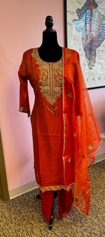 Pnk414: Orange kurta with pants and dupatta
