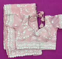 AFL3041 Partywear saree in light pink organza saree with white bead and sequin embroidery work.comes with stitched blouse size 40,can be altered to 44 size.Fall peco done.