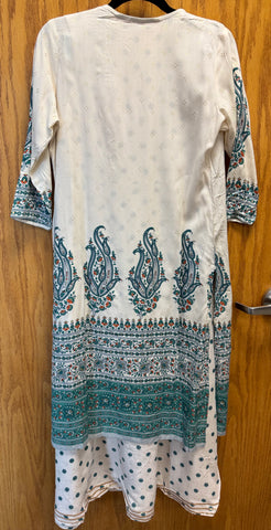 JPD016-Two piece White long dress with blue flower pattern