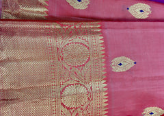 KSS435 Pure handloom kanchipuram silk Saree in peach with gold zari work. Comes with stitched blouse size 40, Can be altered to 44 size.