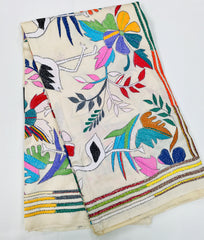 KSN216 Semi Silk Kantha Tusser Saree in beige. Comes with stitched Blouse. Fall peco done.
