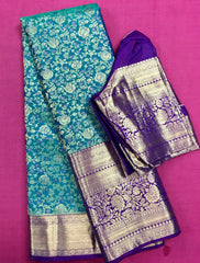 KSS451 Pure kanchipuram silk Saree in blue with purple border gold zari work.comes with stitched blouse size 40,can be altered to 44 size.
