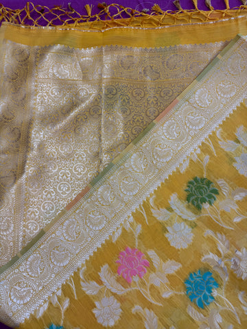 Banarasi Tussari saree in Yellow with gold  zari border.Fall peco done. Comess with stitched blouse size 38 can be altered up to 44 size.