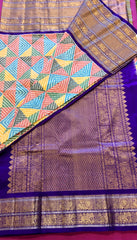 SKH136 PURE HANDLOOM SILK IKKAT KANCHIPURAM SAREE IN MULTICOLOR CHEVRON DESIGN WITH BLUE KANCHIPURAM BORDER