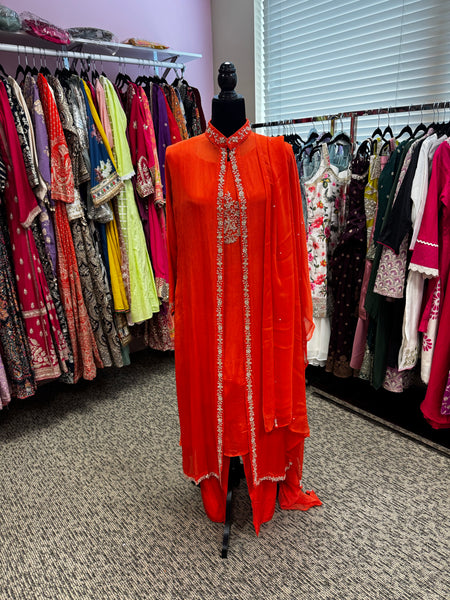 Pnk436: Orange and Yellow long Kurti with Cape and Pants and dupatta