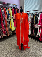 Pnk436: Orange and Yellow long Kurti with Cape and Pants and dupatta