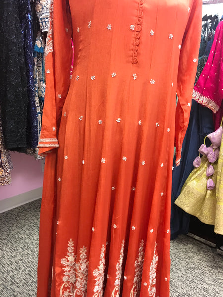 KKD021 - Orange long kurta with beautiful border and pants and dupatta