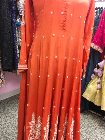 KKD021 - Orange long kurta with beautiful border and pants and dupatta