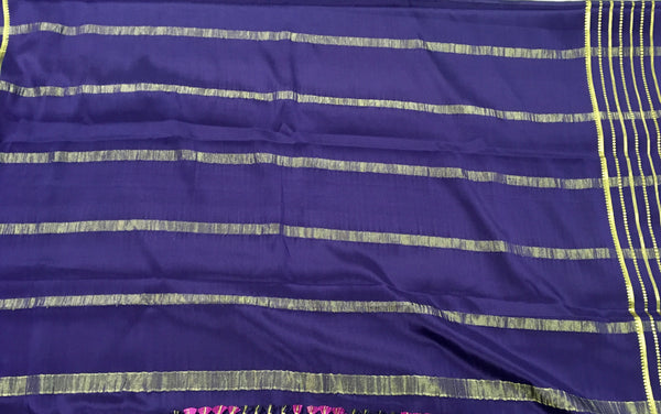 AMS1005 Pure Mysore Crepe silk Saree in pink color with purple gold zair border. Comes with unstitched blouse.