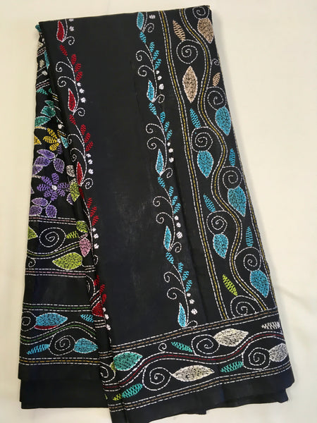 KSN202 - Semi Silk Kantha Tusser Saree in gray hand work design. Fall Peco done. Comes with stitched Blouse size 38 it can be altered to 44 size.