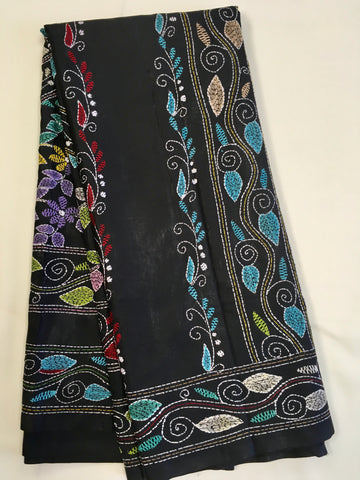 KSN202 - Semi Silk Kantha Tusser Saree in gray hand work design. Fall Peco done. Comes with stitched Blouse size 38 it can be altered to 44 size.